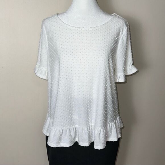 W5 x Anthro L White Swiss Dot Short Ruffle Sleeve & Hem Top - Picture 1 of 9